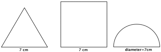 Likesidet trekant med sidekanter på 7 cm, kvadrat med sidekanter på 7 cm og halvsirkel med diameter på 7 cm.